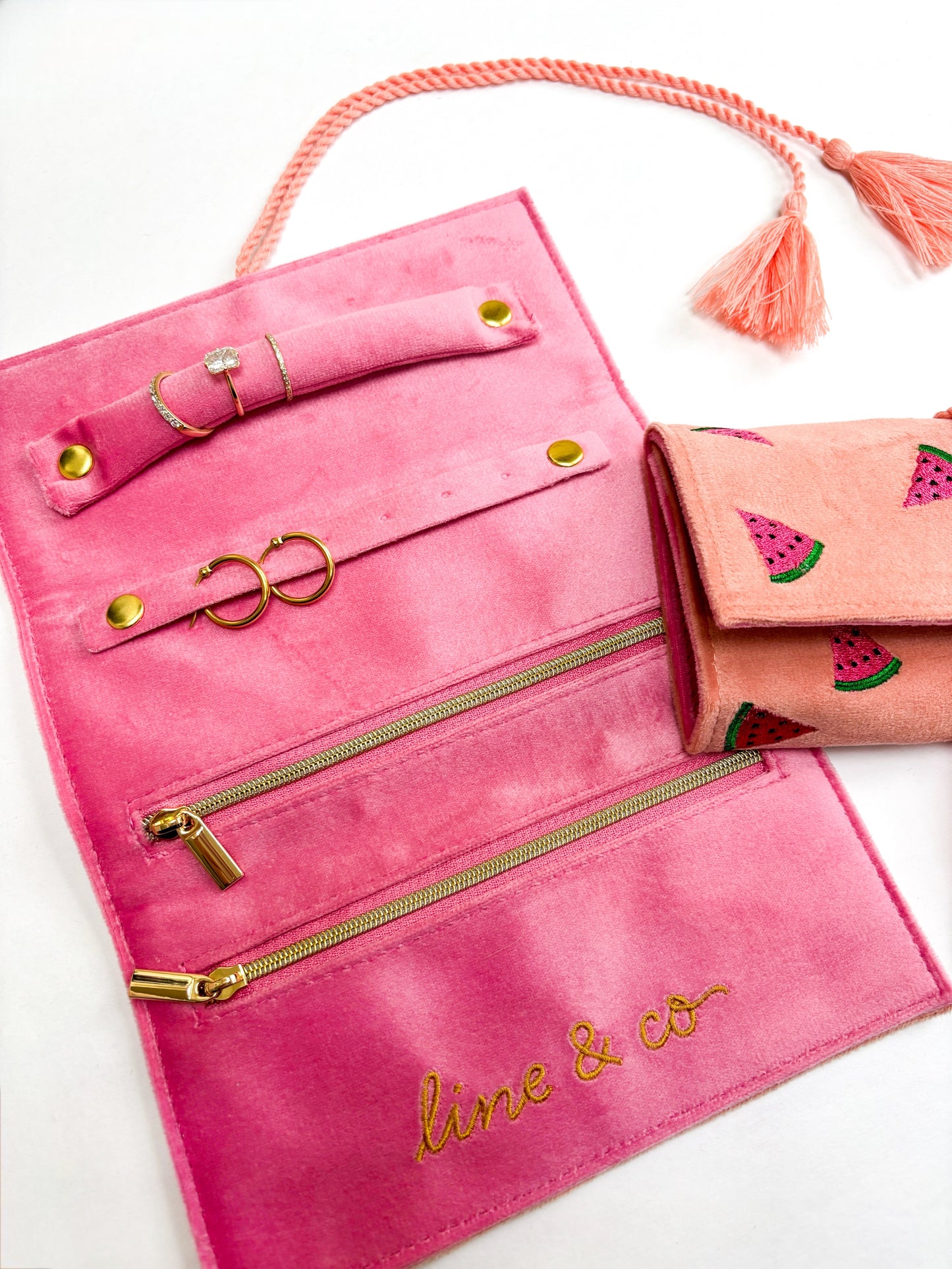Watermelon Travel Jewelry Roll // Embroidered Velvet