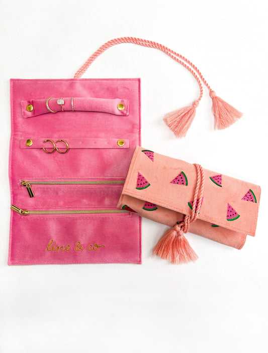 Watermelon Travel Jewelry Roll // Embroidered Velvet