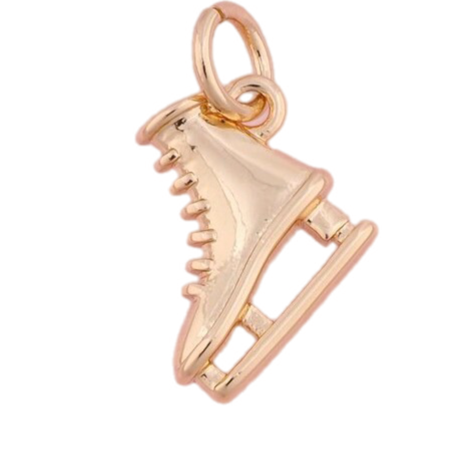A gold ice skate charm set against a white background