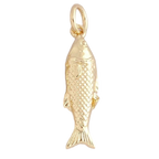 A polished yellow gold fish charm pendant with detailed scale textures and a hanging loop, shown against a plain white background.