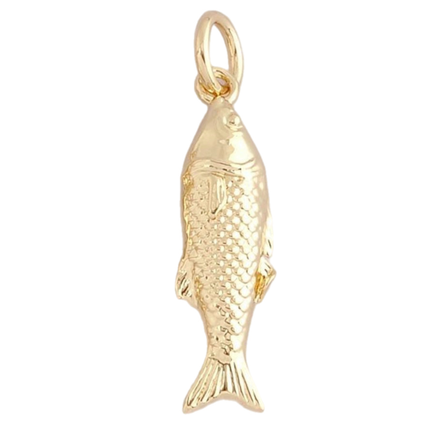 A polished yellow gold fish charm pendant with detailed scale textures and a hanging loop, shown against a plain white background.