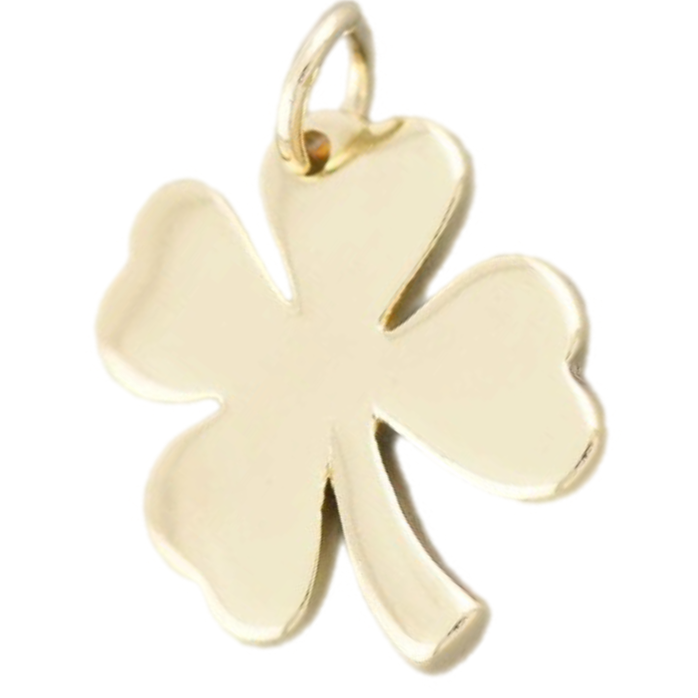A polished yellow gold four-leaf clover charm pendant with a small top loop, shown on a plain white background.