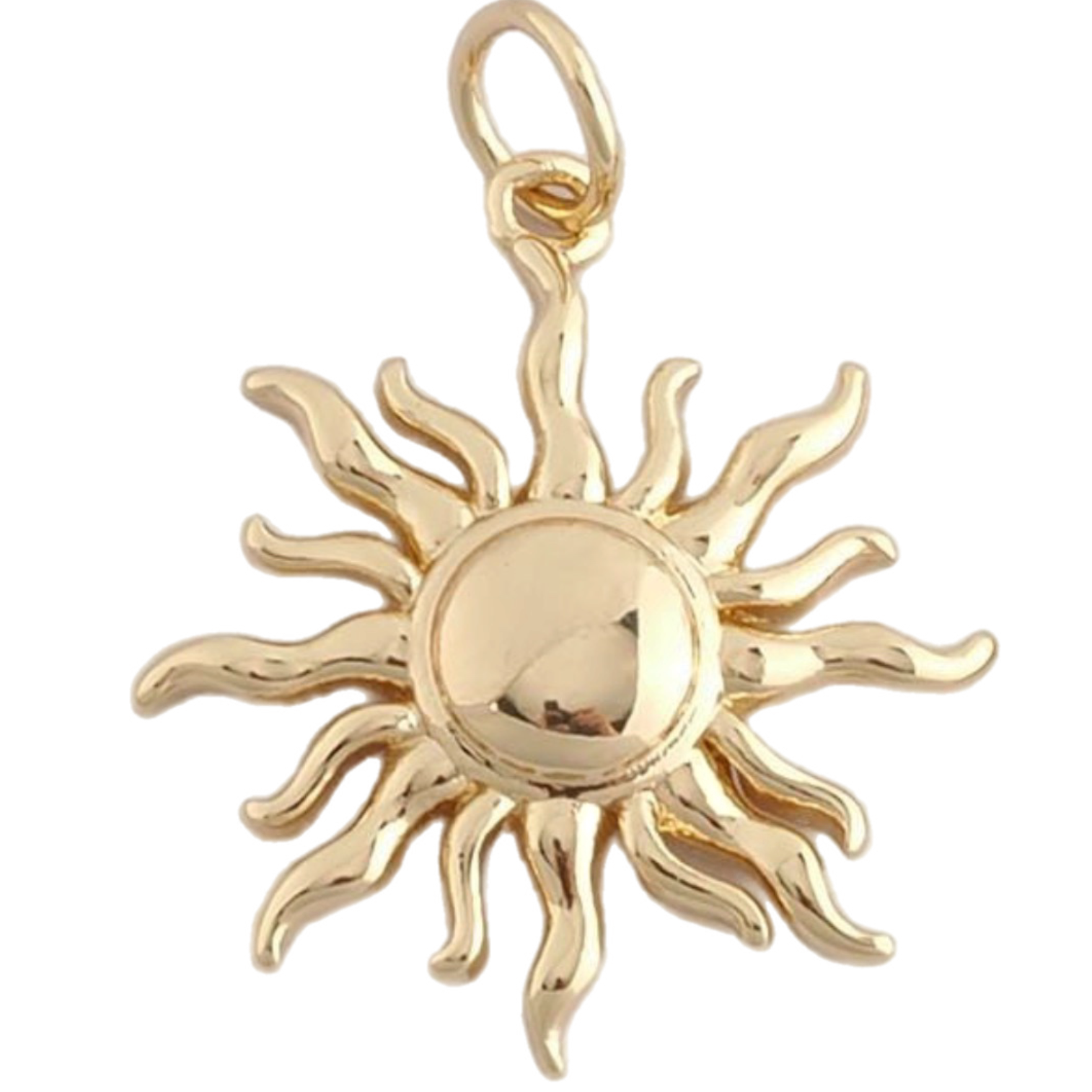 A polished gold sun pendant charm with radiating flame-like rays and a circular center, shown on a plain white background.