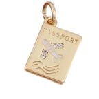 A gold passport-shaped pendant charm featuring an engraved airplane with clear rhinestones, the word 'PASSPORT' at the top, and a small hanging loop, shown on a plain white background.