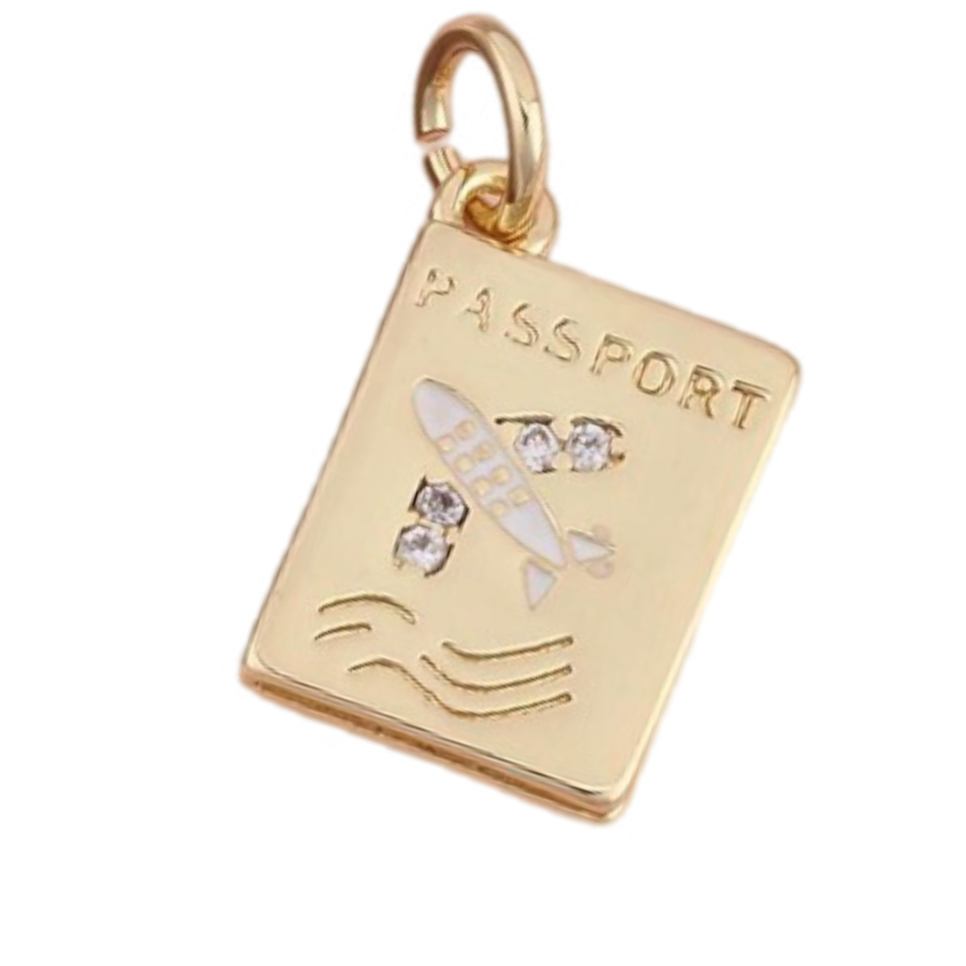 A gold passport-shaped pendant charm featuring an engraved airplane with clear rhinestones, the word 'PASSPORT' at the top, and a small hanging loop, shown on a plain white background.