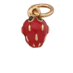 A small strawberry charm pendant with a glossy red enamel body, gold-tone seed details, and a gold-tone top loop, shown on a plain white background.
