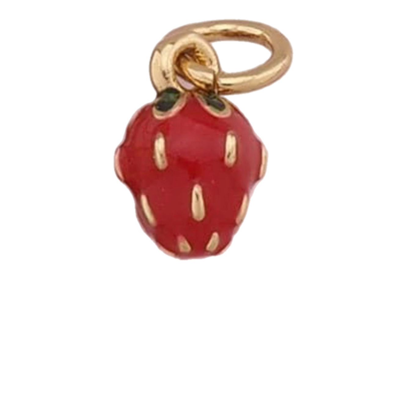A small strawberry charm pendant with a glossy red enamel body, gold-tone seed details, and a gold-tone top loop, shown on a plain white background.