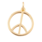 A polished yellow gold peace sign pendant charm with a top loop, shown on a plain white background.