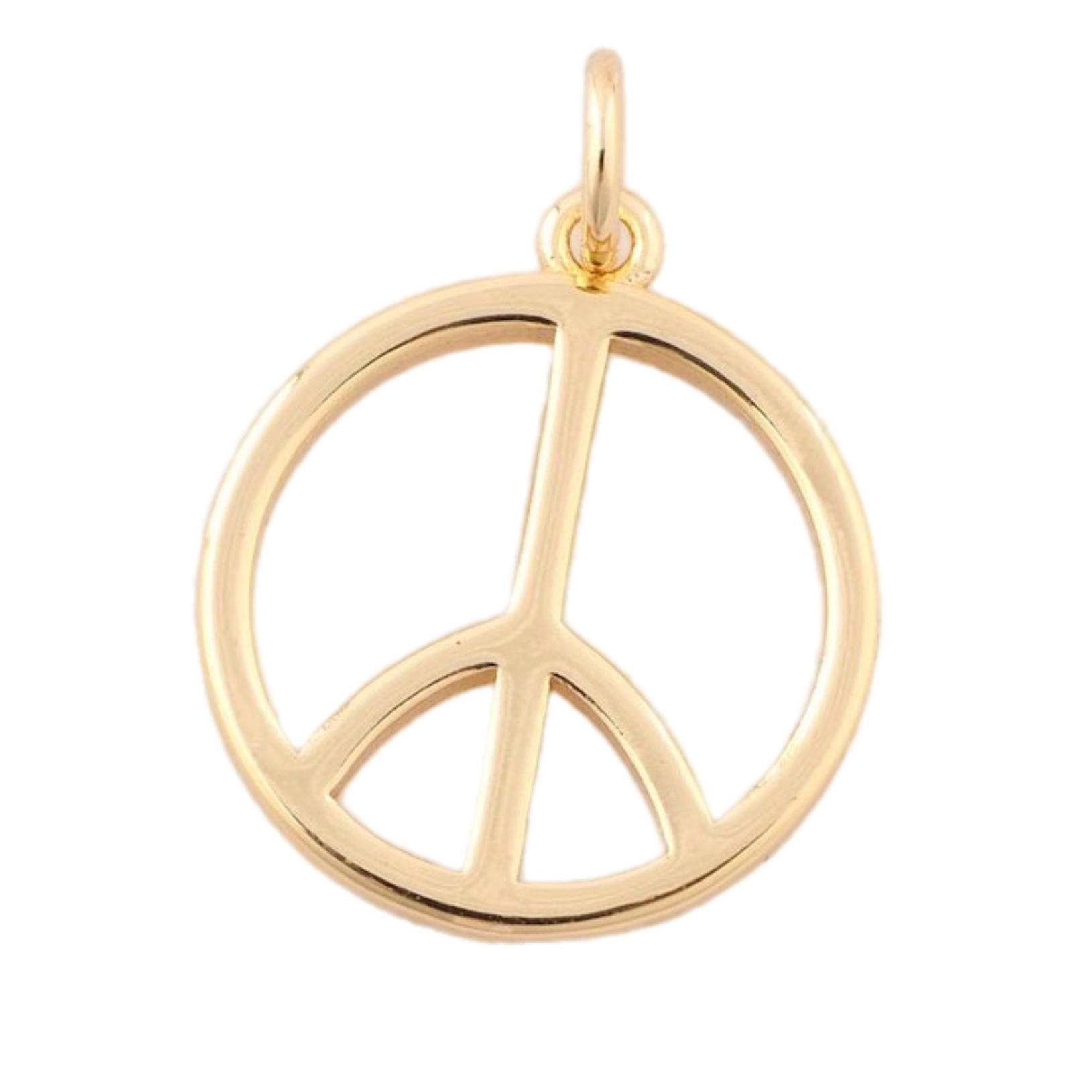 A polished yellow gold peace sign pendant charm with a top loop, shown on a plain white background.