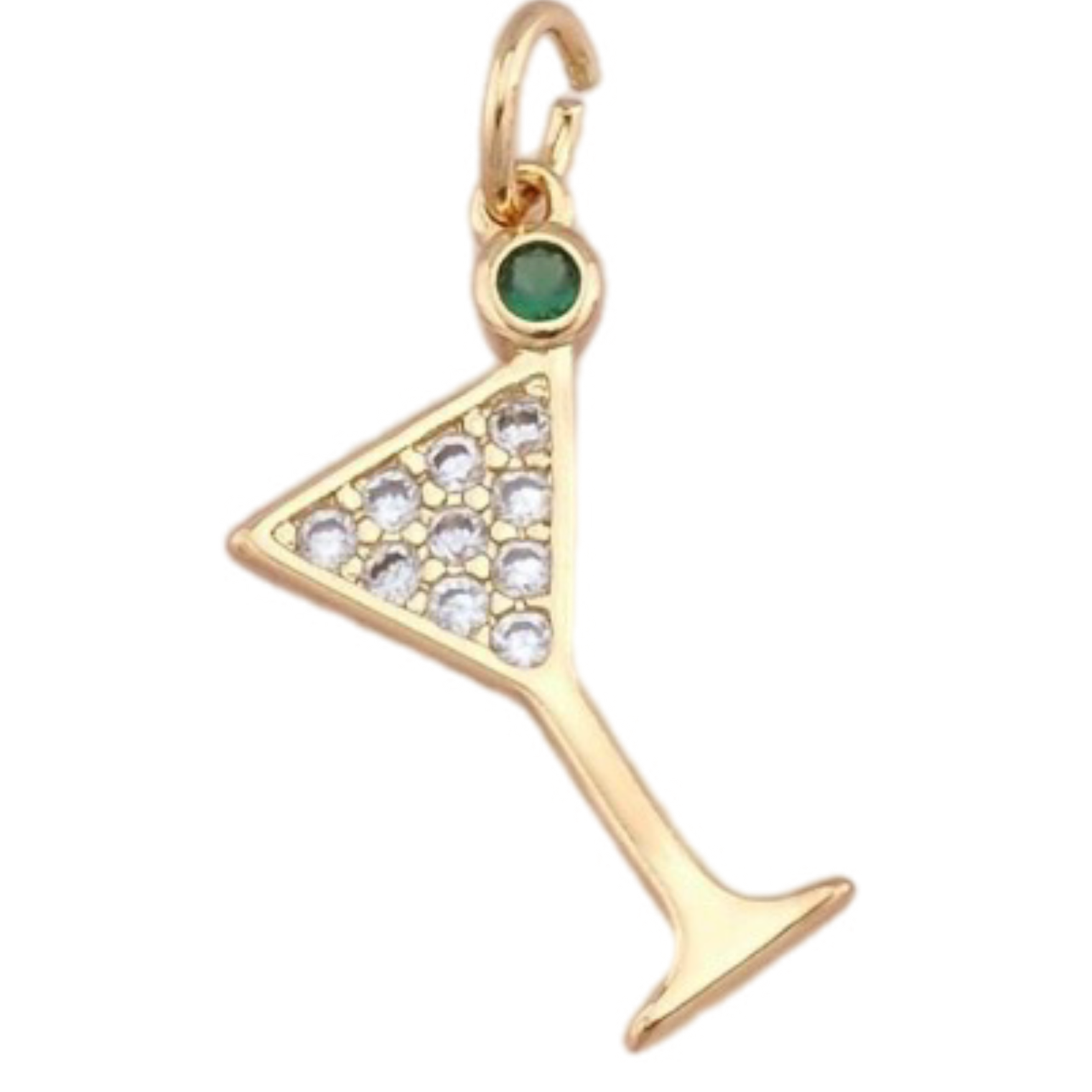 A gold martini glass charm pendant featuring a small green cabochon stone at the top and a row of clear pavé-set stones across the triangular bowl, shown on a plain white background.