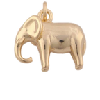 A polished gold elephant charm shown against a white background 