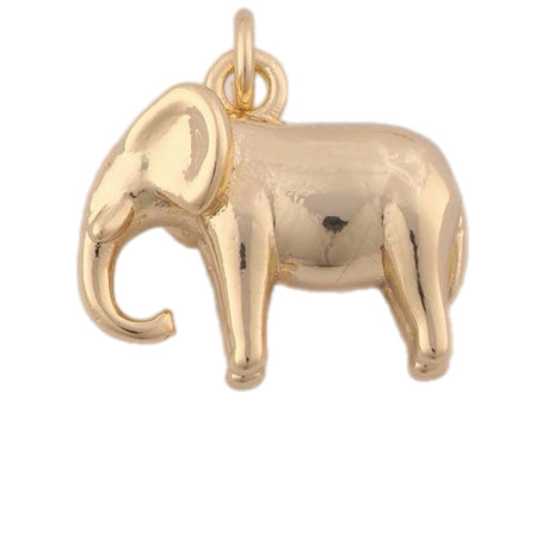 A polished gold elephant charm shown against a white background 