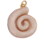 A spiral-shaped pendant charm resembling a nautilus shell, crafted from a pale peach-pink textured material with a gold-tone loop at the top, isolated on a white background.