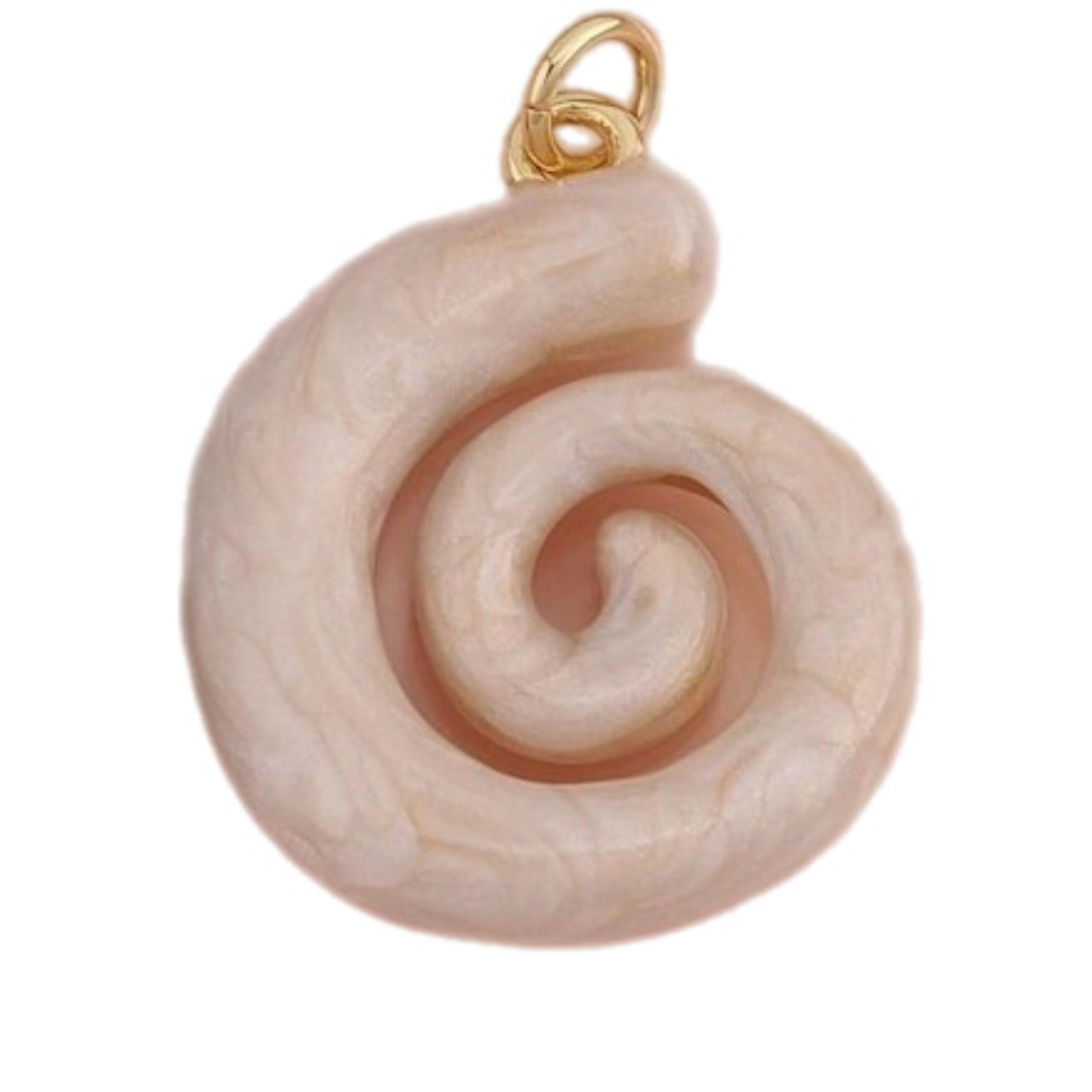 A spiral-shaped pendant charm resembling a nautilus shell, crafted from a pale peach-pink textured material with a gold-tone loop at the top, isolated on a white background.