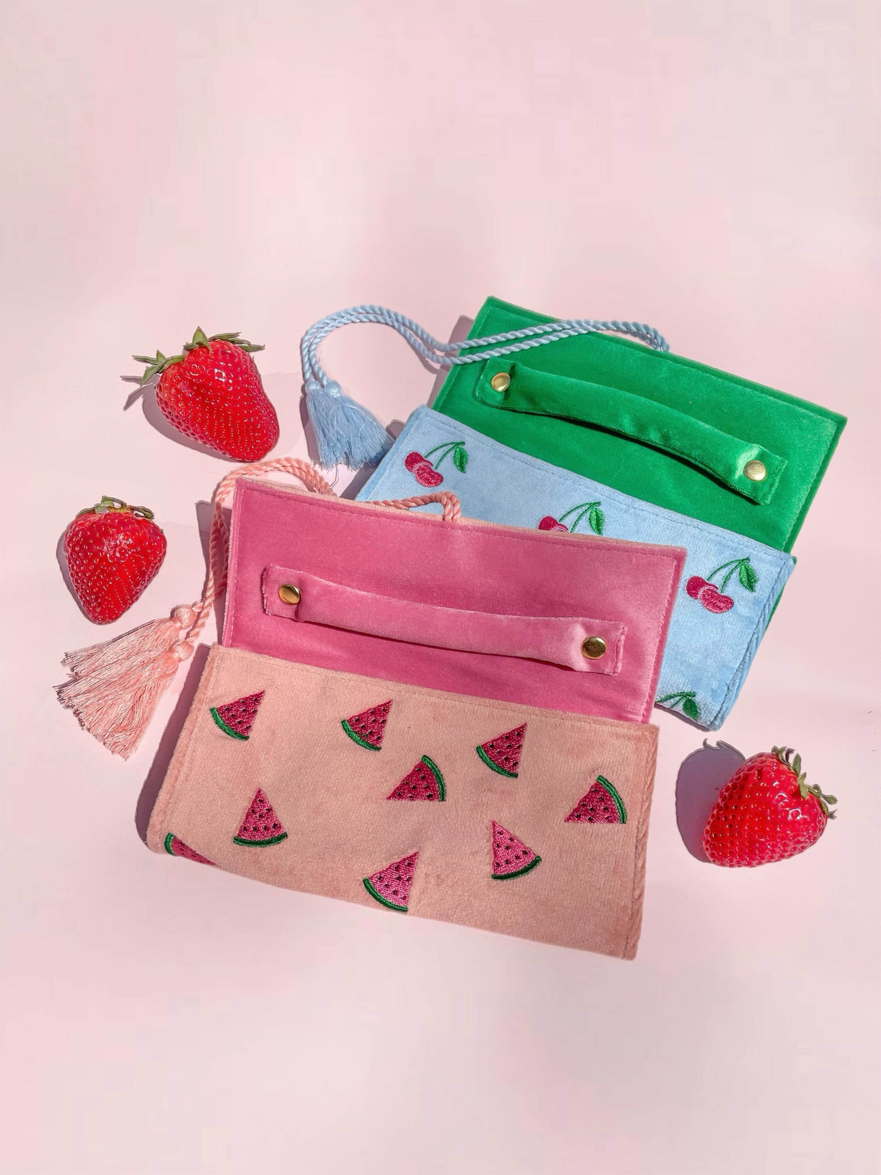 Cherry Travel Jewelry Roll // Embroidered Velvet